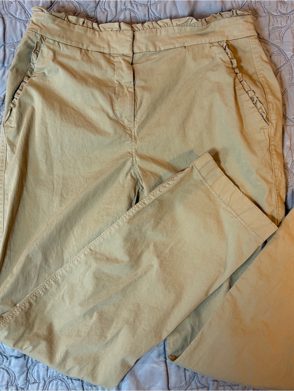 J Crew Women’s Pants Size 2 Tan Chino Ruffle Waist and Pocket Detail Cotton Crop